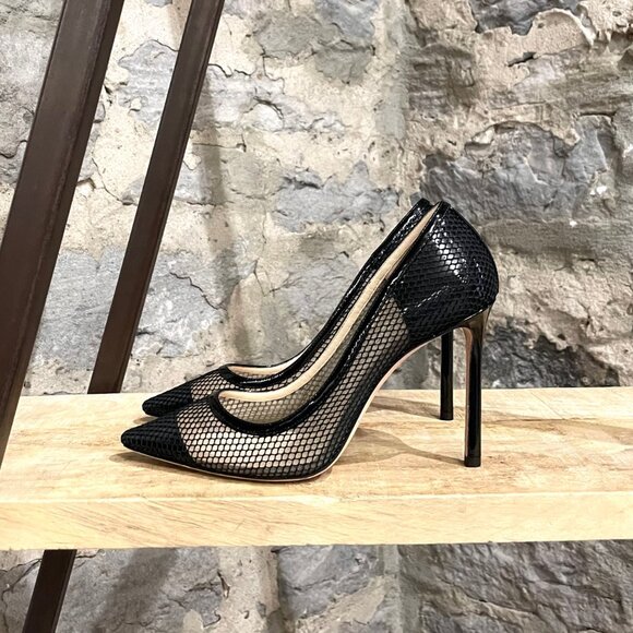 Jimmy Choo Black Patent Romy Mesh 100 Pumps - Picture 6 of 11